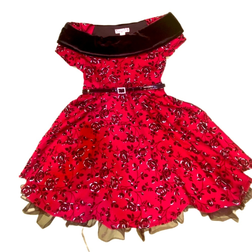 KNIT WORKS RED & BLACK SPARKLE WITH RHINESTONE BELT HOLIDAY DRESS | SIZE…